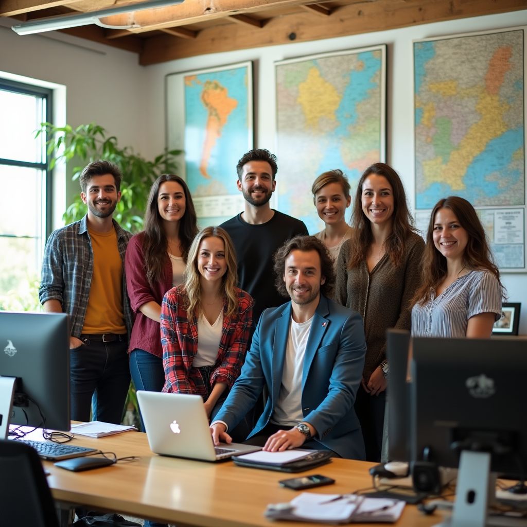 El equipo de ArgentinaTravelist en una oficina moderna planificando rutas de viaje en Argentina